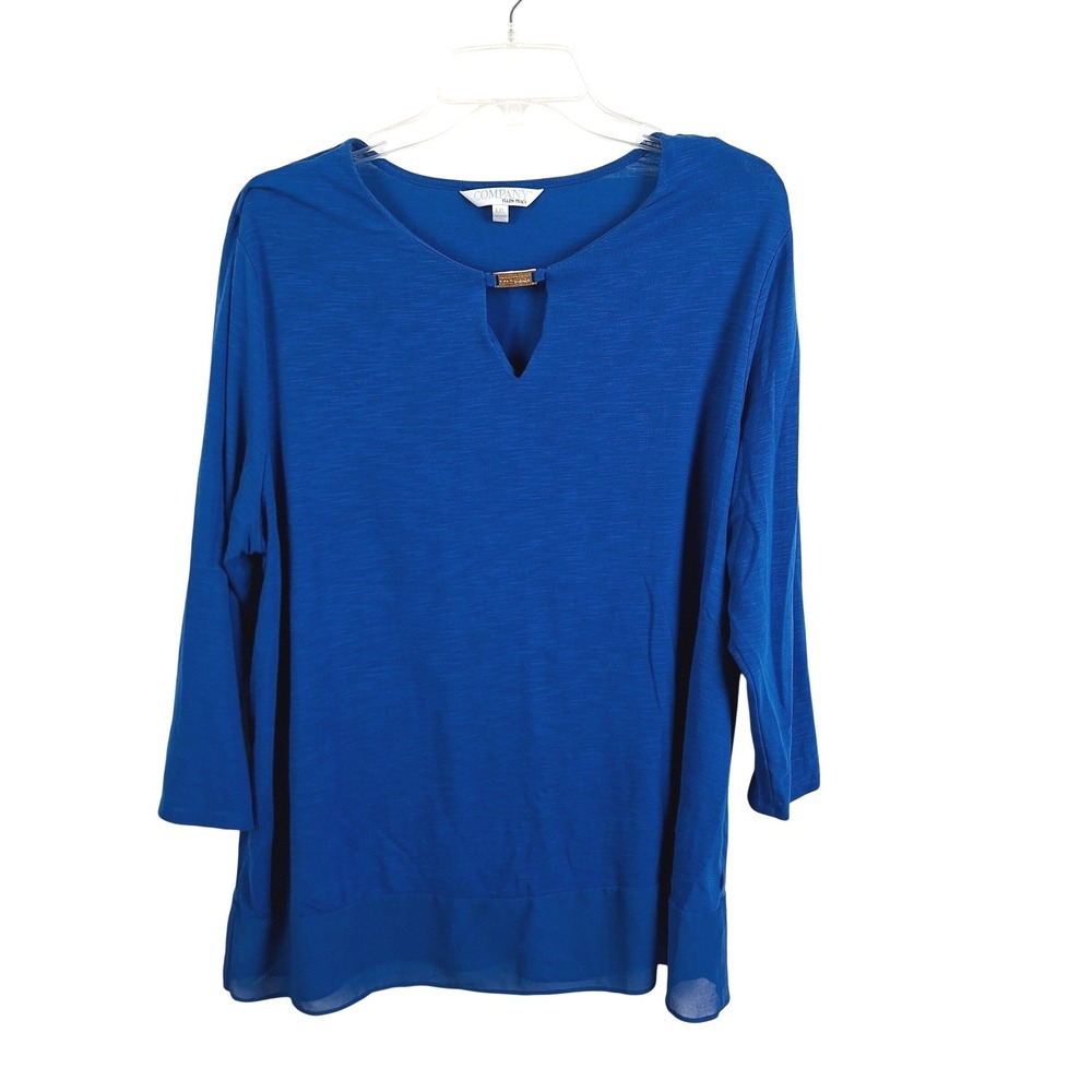 Company‎ Ellen Tracy Royal Blue Slub Knit Top Gold Bar V-Neck Chiffon Hem XXL